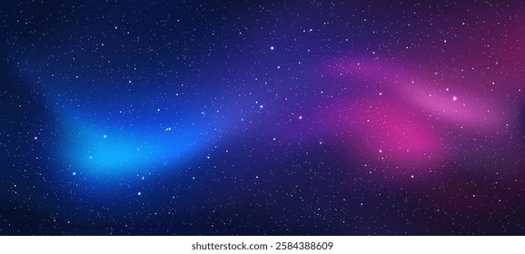 Starry sky background with glowing blue and pink nebulae. night space background with stars. a galaxy vector illustration. Dark celestial background for design.