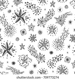 Starry sky background. Hand Drawn doodle Stars and Comets Seamless Pattern. Holiday and Birthday Wallpaper. Festive party background. Vector illustration