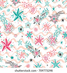 Starry sky background. Hand Drawn doodle Stars and Comets Seamless Pattern. Holiday and Birthday Wallpaper. Festive party background. Vector illustration