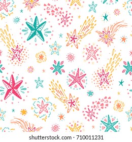 Starry sky background. Hand Drawn doodle Stars and Comets Seamless Pattern. Holiday and Birthday Wallpaper. Festive party background. Vector illustration
