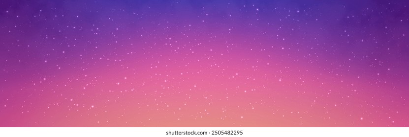 Starry sky background. Wide sunset texture with stars. Beautiful night poster with nebula clouds. Soft gradient sky. Milky way wallpaper. Shiny space banner. Vector illustration.