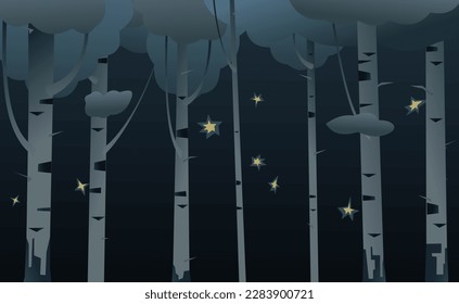 Starry sky and birches. Night darkness plants. Summer landscape forest and trees. Nature view. Cartoon fun style. Flat design. Vector.