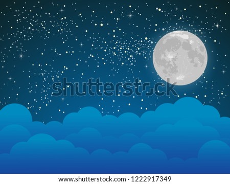 Starry Sky Blue Clouds Moon Shining Stock Vector Royalty Free