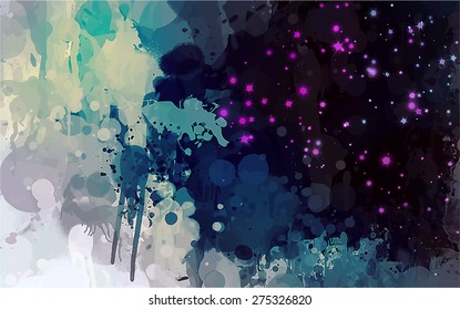 Starry sky and blue-green brush strokes. Vector version