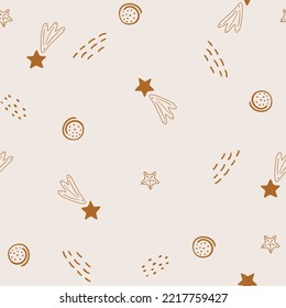 Starry sky in boho style. Seamless cartoon space pattern. Kids cute print. Hand drawn comets and stars. Bohemian design.