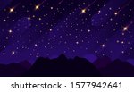 Starry sky with bright and dim stars in the mountains. Dark starry background. Vector illustration of the starry sky.
