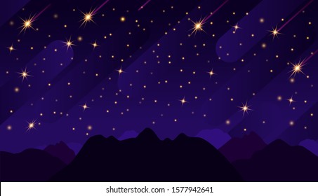 Starry sky with bright and dim stars in the mountains. Dark starry background. Vector illustration of the starry sky.