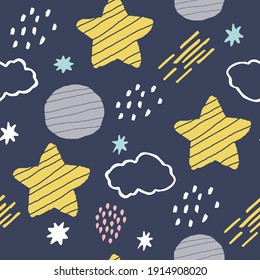 Starry sky Childish hand-drawn background in Cartoon Style. seamless pattern on a blue background. Vector simple for textiles and baby clothes.