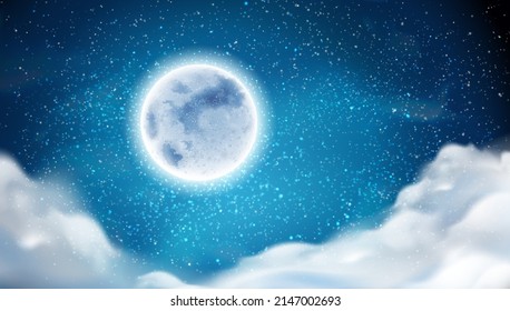 Starry sky with clouds and constellations, celestial bodies and full moon. Vector flat cartoon, background of nature, glowing lunar planet. Romantic evening or calm night wallpaper print