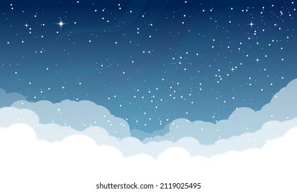 Starry sky with clouds. Dark night sky with shiny white stars and blue gradient sky. Horizontal vector template. Realistic view at night high in the sky.