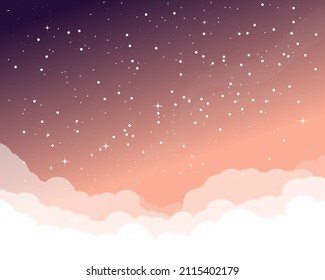 Starry sky with clouds. Rising sun colors high in the sky. Light night with shiny white stars and blue gradient. Realistic sky view at night high in the sky. Sunset or sunrise.