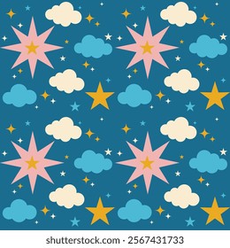 Starry sky with clouds - seamless pattern, vector cartoon