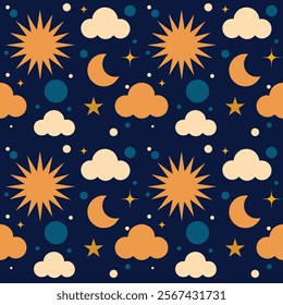 Starry sky with clouds, sun and moon - seamless pattern, vector