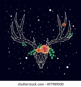 starry sky  constellation  deer skull and flowers  chrysanthemum  dahlia