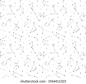 Starry sky with constellations of astrology zodiac signs. Vector illustration doodles seamless pattern, thin line art sketch style concept. Black and white clipart