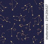 Starry sky, constellations of shiny golden stars seamless pattern on night sky map background. Astrological forecast, horoscope, magic repeating print for packaging, cover vector illustration
