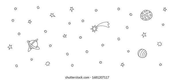 Starry sky with Cosmic objects set. Black outline elements on white background. Hand drawn doodles. planets, satellite, etc. Space collection. Vector Illustration eps10