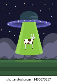 Starry sky, cow ufo abduction, field, farm, dark night, pixel art illustration
