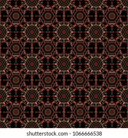 Starry Sky. Falling snow. Seamless texture with red and brown snowflakes and dots on a black background.