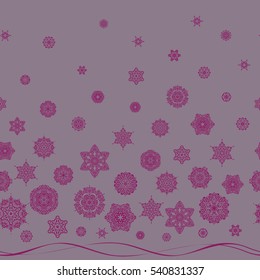 Starry Sky. Falling snow. Seamless texture with stylized snowflakes and dots on a neutral background.
