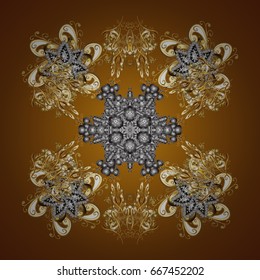 Starry Sky. Falling snow. Seamless texture with stylized snowflakes and dots on a brown background.