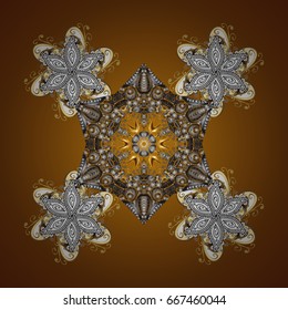 Starry Sky. Falling snow. Seamless texture with stylized snowflakes and dots on a brown background.