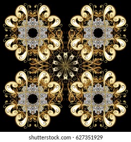 Starry Sky. Falling snow. Texture with black and light snowflakes with doodles, golden elements and dots on a white background.