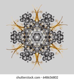 Starry Sky. Falling snow. Texture with snowflakes with doodles, golden elements and dots on a gray background.