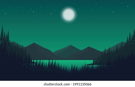 The starry sky and full moon are absolutely beautiful with a magnificent view of the mountains from the riverbank at night. Vector illustration of a city