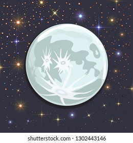 Starry sky and full moon with craters. Starlight. Romantic illustration.