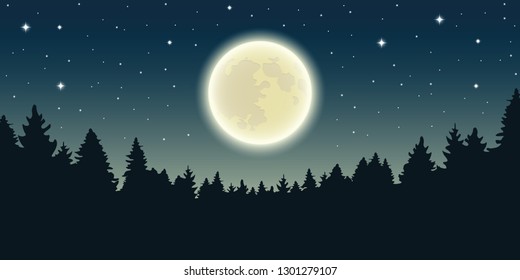 starry sky with full moon in forest landscape vector illustration EPS10