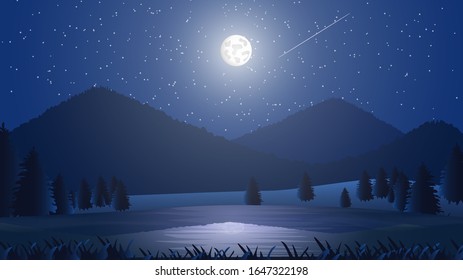 Starry sky and full moon in the mountains, nature holidays, wildlife, big lake in the mountains. Travel to the forest with an overnight stay. Big mountains and moonlight. Lifestyle vector template