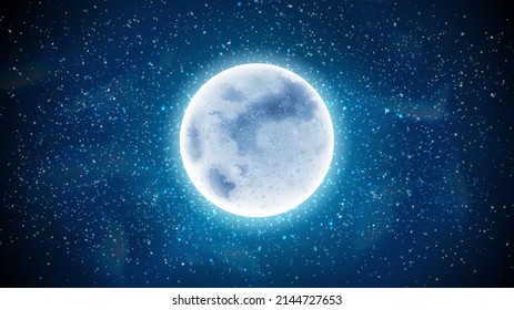 Starry sky with full moon shining bright. Vector flat cartoon, summer skyline landscape. Tranquil night with celestial bodies and constellations. Astrology and astronomy, romantic evening