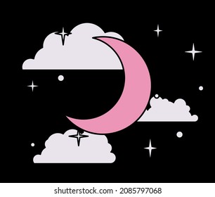 Starry sky with half moon and clouds. Cute flat art vector illustration.