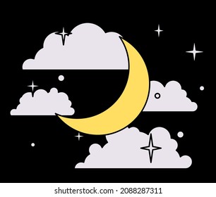 Starry sky with half moon and clouds. Cute flat art vector illustration.