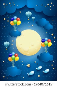 Starry sky with hanging balloons and clouds, vector illustration eps10