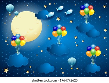 Starry sky with hanging balloons and clouds, vector illustration eps10