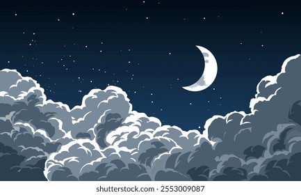 Sternenhimmel Illustration mit Halbmond über den Wolken