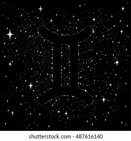 Starry sky with an image of the zodiac sign Gemini with colorful stars on a black background.