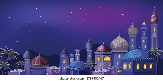 Starry sky. Magic night in the East. Fairytale Arabic landscape with traditional mud houses and ancient temple or Mosque. Muslim Cityscape.  Building Religion. Vector illustration. Cartoon background.
