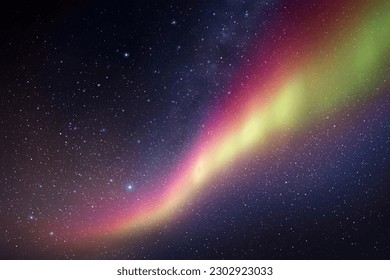 Starry sky. Milky Way and polar lights. Purple yellow aurora borealis