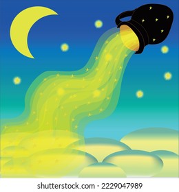 Starry sky with moon and clouds. A veil of moonlight. Moonlight and stars pour from the black star jug. Cartoon style. Vector graphics.