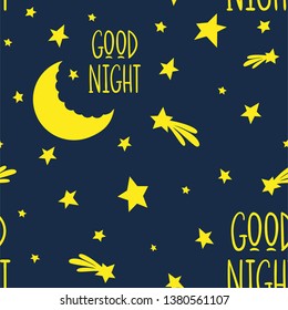 Starry sky. The moon shines around the stars and comets. Seamless pattern. Baby design for fabric, posters, wallpapers.