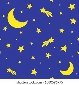 Starry sky. The moon shines around the stars and comets.
