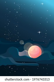 Starry sky with moon. Space landscape in vertical orientation.