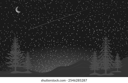 céu estrelado na noite. paisagem com pinheiro. ilustração vetorial isolado no fundo branco.