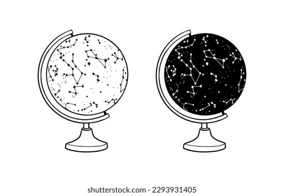 Starry Sky Night Map with Constellations on Globe. Education or science equipment. Hand drawn doodle vector illustration