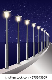 Starry Sky Night Time Sea Side Light Poles Alley