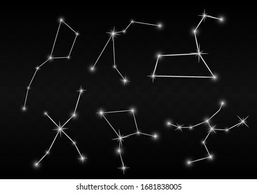 Starry sky  on dark transparent  background. Set of constellations vector illustration. Vector zodiac signs. Glow light effect.
