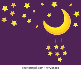 Starry sky on a purple background, a crescent moon rocks on small threads. Vector picture
